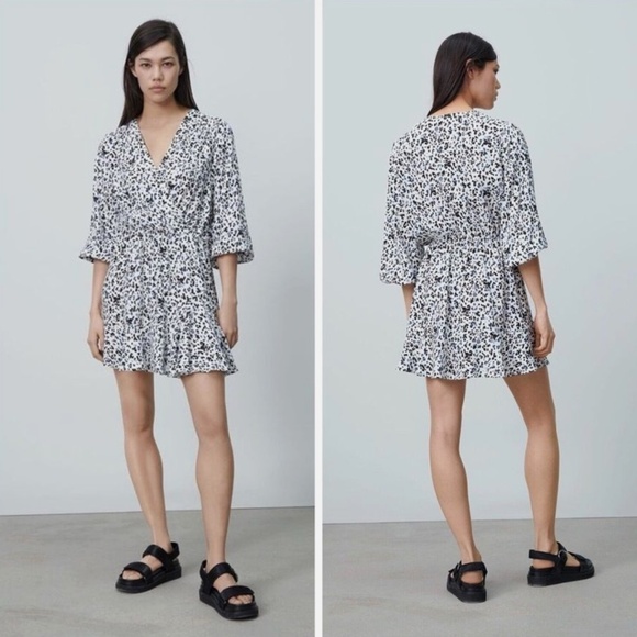 ZARA Women's Printed Cheetah Animal Print Overlap V-Neck Mini Dress Size S - Picture 1 of 8